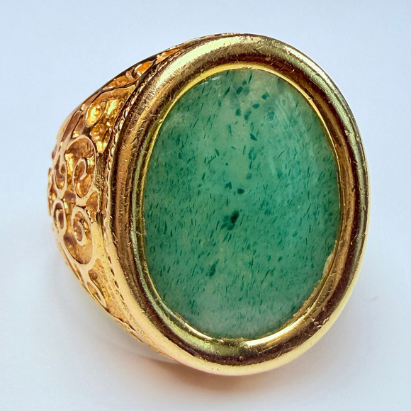 Estate 18K Solid Yellow Gold Mens Natural Jade Signet VTG Antique Scroll Ring - Picture 1 of 12